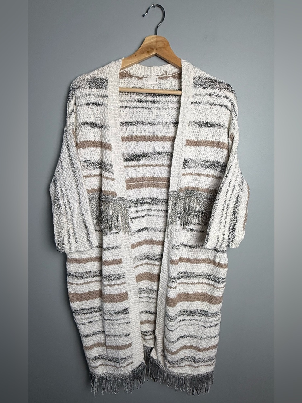 Gentle Fawn Striped Fringe Open-Front Cardigan - Cream, Brown & Gray